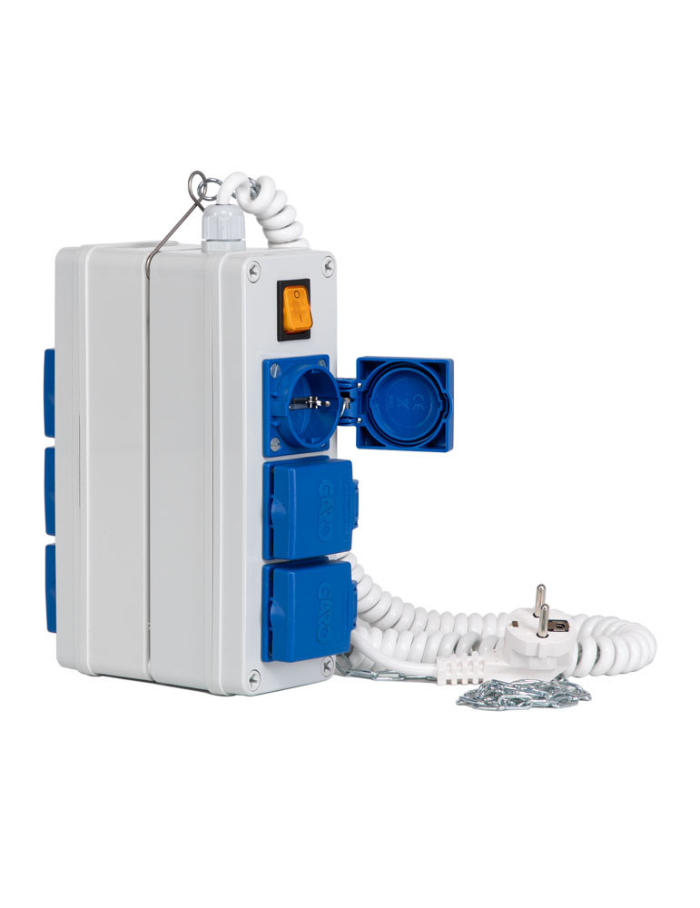 Hängande Uttag, 2x3 jordat med lock. med spiralkabel och kedja.